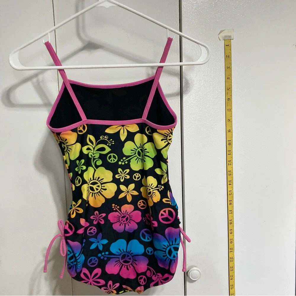 SO One Piece Peace and Flower Power Swimsuit Girls Size 10